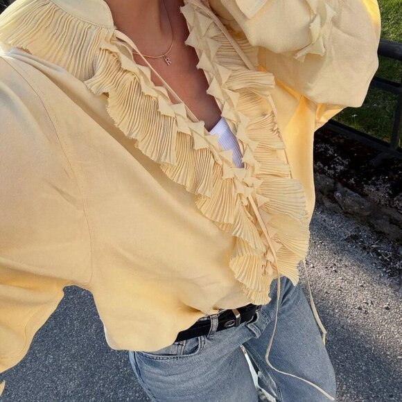 Yellow Casual Women's V-Neck Long Sleeve Blouse with Lace-Up Details - Picture 10 of 11